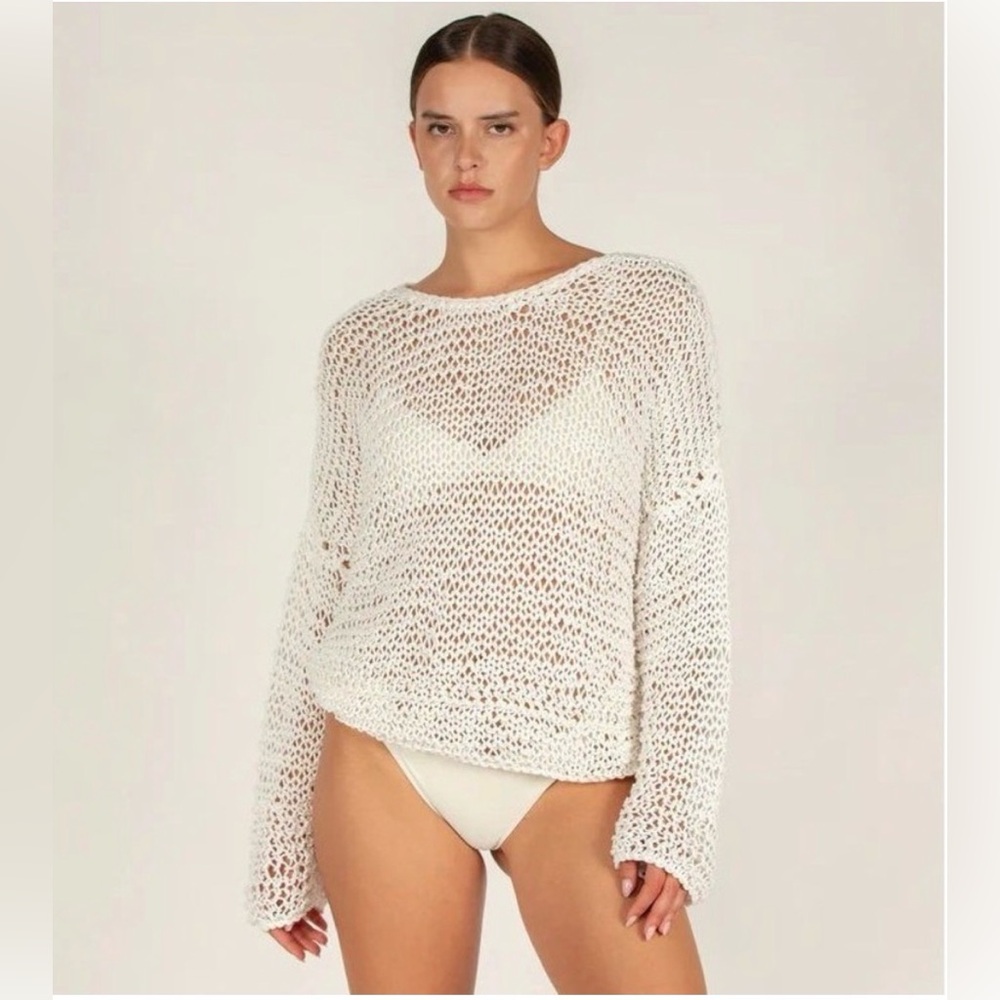 MIKOH SIZE 1 Mehetia heavy knit hand macrame long sleeve top in white